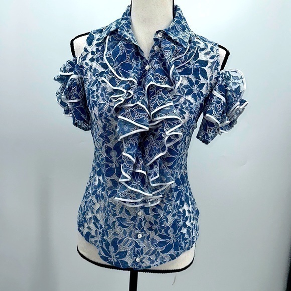 UEC Anne Fontaine blue ruffle lace blouse corset back size 38/4-6